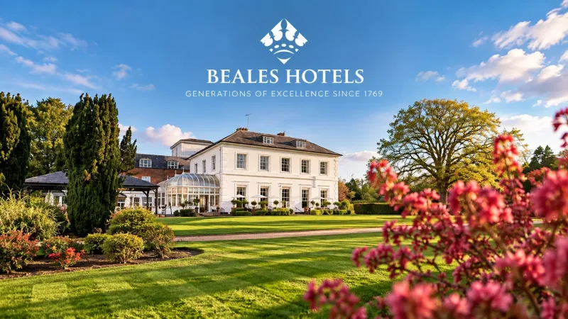 The Beales Hotels mark above West Lodge Park, the country house hotel at Hadley Wood, seen across its lawns