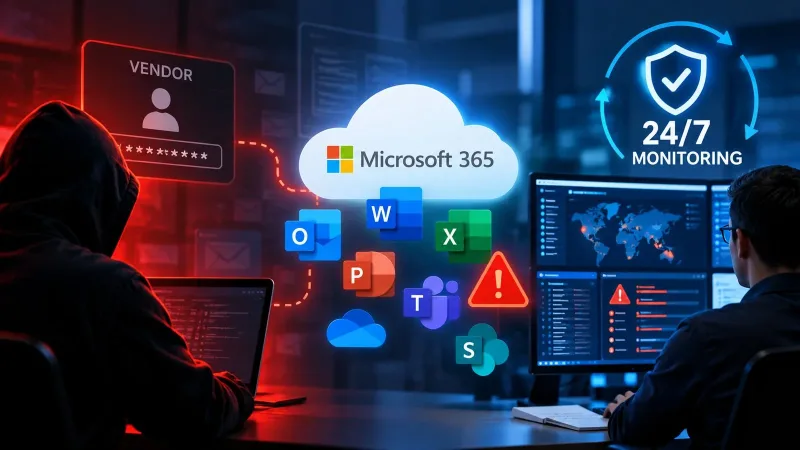 A hooded figure at a laptop on one side, the Microsoft 365 applications in the middle, and an analyst watching a monitoring dashboard on the other